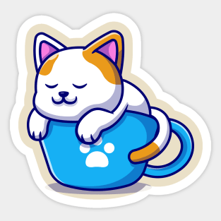 Cute Cat Sleeping On Cup Coffee Cartoon Sticker